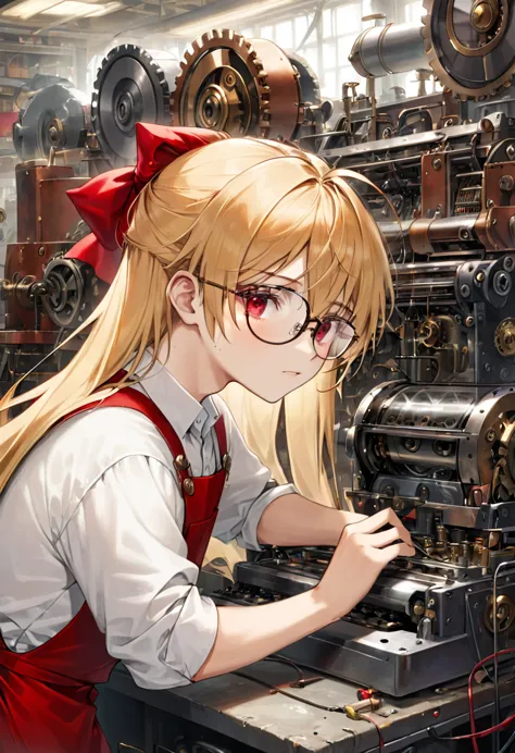 one young boy, red ruby eye, beautiful face like girl, blonde long hair, in white shirt, repairing machine, glasses. noble.