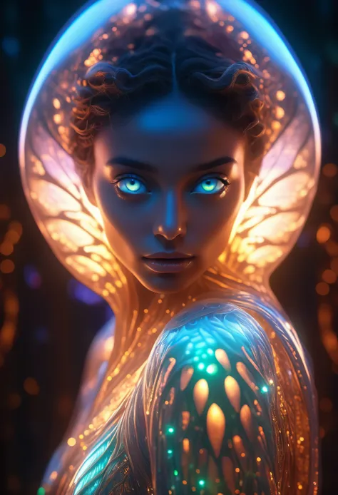 beautiful alien woman emerging from a cocoon, detailed beautiful face like cute girl and body, from back, glowing eyes, glowing ...