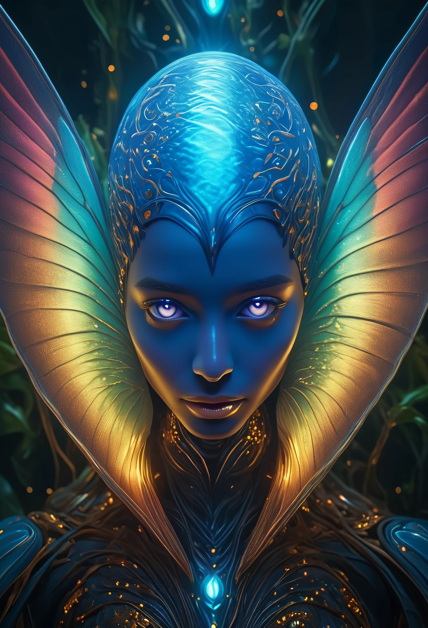 beautiful alien woman emerging from a cocoon, detailed beautiful face like cute girl and body, glowing eyes, glowing skin, intricate organic details, translucent wings, symmetrical face, ethereal lighting, cinematic, vibrant colors, digital art, highly detailed, 8k, photorealistic