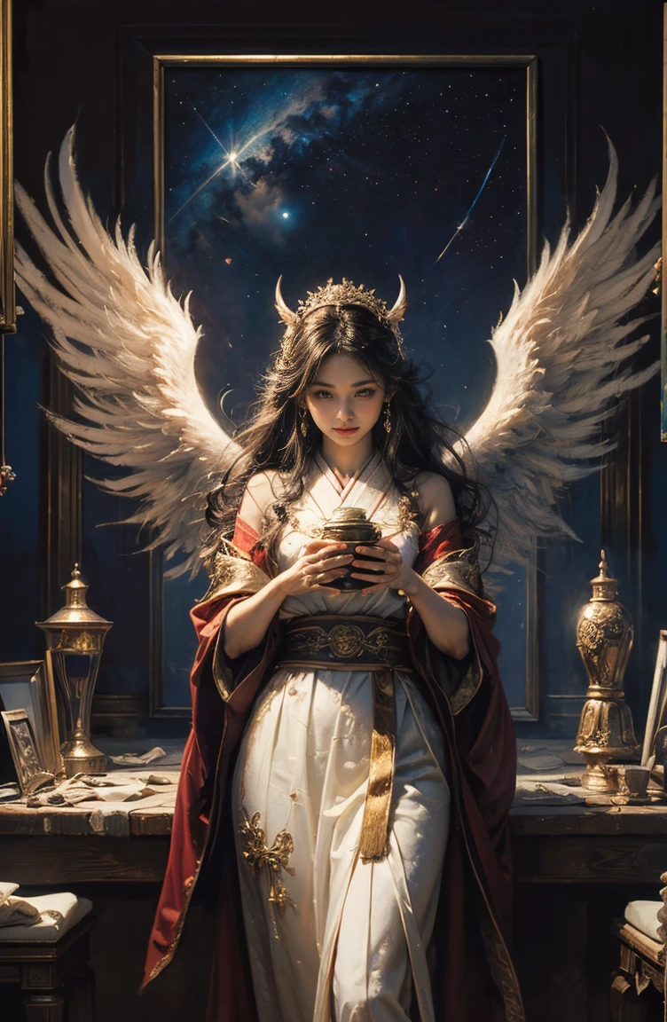 (Tabletop, Highest qualityの, (((((woman)))))、Highest quality, Official Art, (beautifully、beautiful:1.4), (Oil painting:1.4) ),（（male））  (lucifer), God of Japanese God Stories々々, fleeting beauty, A mysterious god illuminated by the starry sky, Winged Angel、god&#39;Grace, Calm and thoughtful expression, Flowing Heavenly Robe, Dazzling silver stars light up the night view, Dance of shadows and lights, Whispers of Ancient Legends、Very slender、