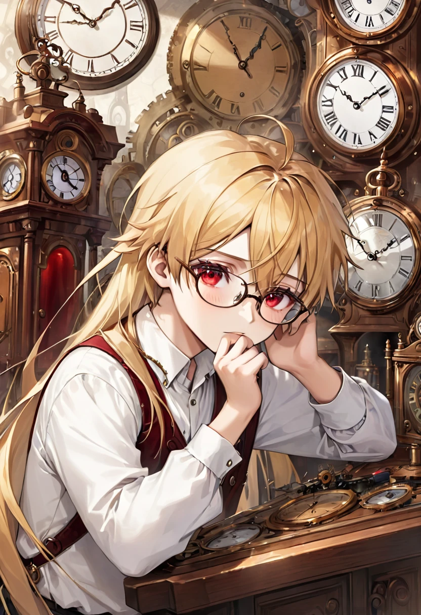 Un jeune garçon, oeil rubis rouge, beau visage comme une fille, cheveux longs blonds, en chemise blanche, réparer une horloge, Lunettes. noble. 