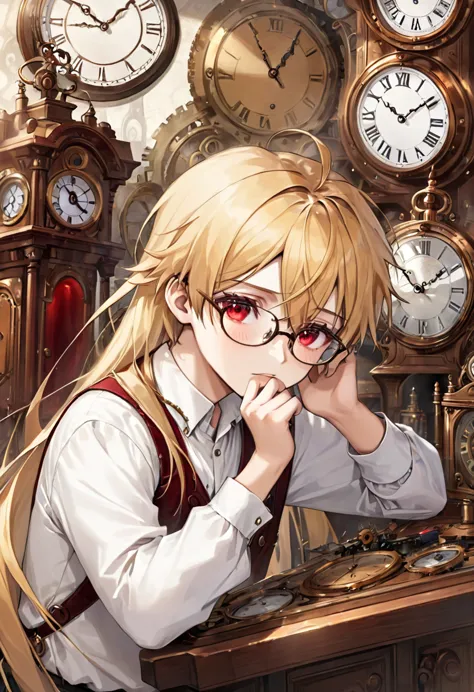 One young boy, red ruby eye, beautiful face like girl, blonde long hair, in white shirt, repairing clock, glasses. Noble. 