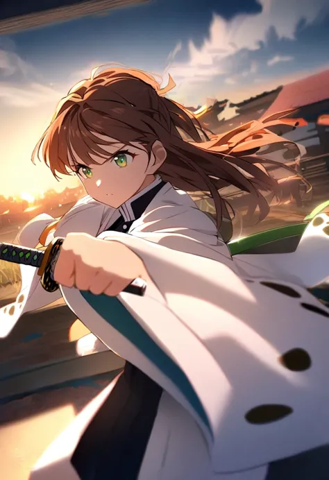 1 girl, brown hair, orange locks, green eyes, demon slayer uniform, white tights, white haori, attack pose, holds a katana, sear...