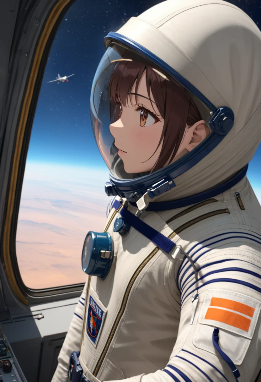 ((Female pilot in the cockpit of a reconnaissance plane), (airplane cockpit), (in flight), (10000 feet altitude)、(sky view):1.7),, short hair, street, emo, BLACK hair, white eyes, eyeliner, apocalypse, girl, nside the (cockpit:1.9) of a (futuristic spaceship:1.6), , blush,sitting on a chair, covered navel, space helmet, space helm, plug suit , space helmet, eva helm, space suit, short hair, spacesuit, astronaut
from side