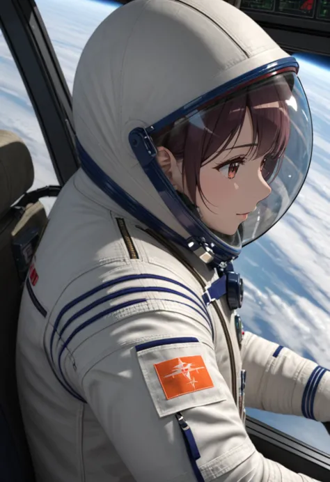 ((female pilot in the cockpit of a reconnaissance plane), (airplane cockpit), (in flight), (10000 feet altitude)、(sky view):1.7)...