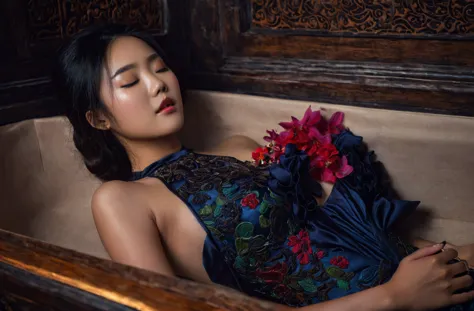 In a striking 8K HDR scene, a stunning Korean woman, 22 years old, lies peacefully in a black coffin surrounded by plush pillows...