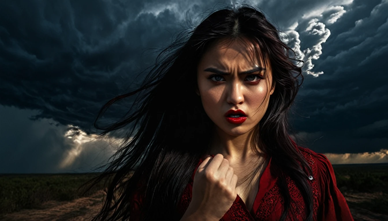 heart of hatred, anger, 1 woman, beautiful detailed eyes, beautiful detailed lips, extremely detailed face and features, long dark hair, fierce expression, clenched fist, dark clouds, dramatic lighting, cinematic, dark fantasy, dramatic shadows, moody, deep red and black color palette, dramatic highlights, chiaroscuro, intricate details, photorealistic, 8k, hyper detailed, masterpiece