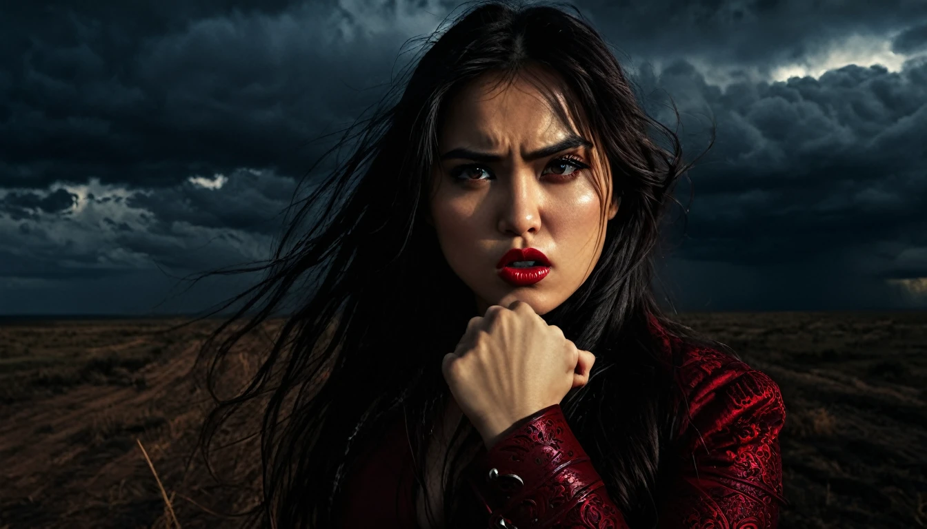 heart of hatred, anger, 1 woman, beautiful detailed eyes, beautiful detailed lips, extremely detailed face and features, long dark hair, fierce expression, clenched fist, dark clouds, dramatic lighting, cinematic, dark fantasy, dramatic shadows, moody, deep red and black color palette, dramatic highlights, chiaroscuro, intricate details, photorealistic, 8k, hyper detailed, masterpiece