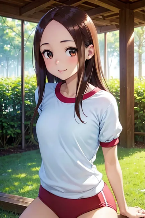 takagi-san、shiny brown hair, long hair,forehead、center part、 beautiful brown eyes、smile、sparkling eyes, (fine grain)、very fine e...