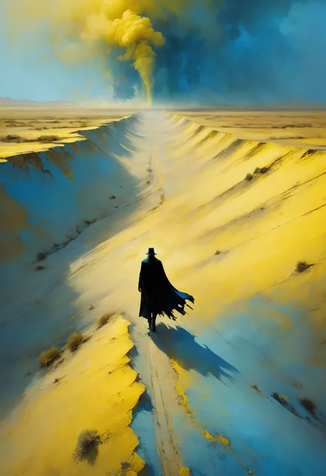 Pixelart por Jeremy Mann, Man in black cape in the yellow desert walking alone encountering a blue and yellow sandstorm, mostly ...