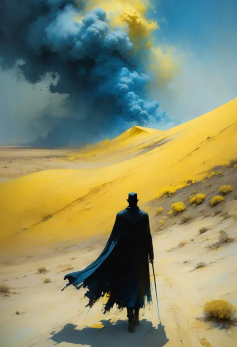 Pixelart por Jeremy Mann, Man in black cape in the yellow desert walking alone encountering a blue and yellow sandstorm, mostly ...