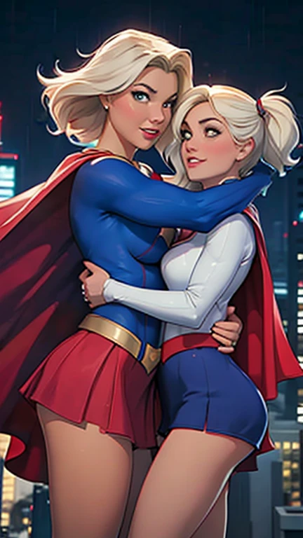 Two girls. Masterpiece. Two busty babes. Gloomy city, night, dim lights, under pouring rain. On skyscrapers roof tops, two busty babes are hugging. First, Supergirl in her signature blue and red outfit, with logo on chest and a red cape. Second, Power Girl in her signature white outfit with a cutout on the chest, red cape attached on left side of outfit. Two girls together. Girl power. Girl love. HD. High quality.