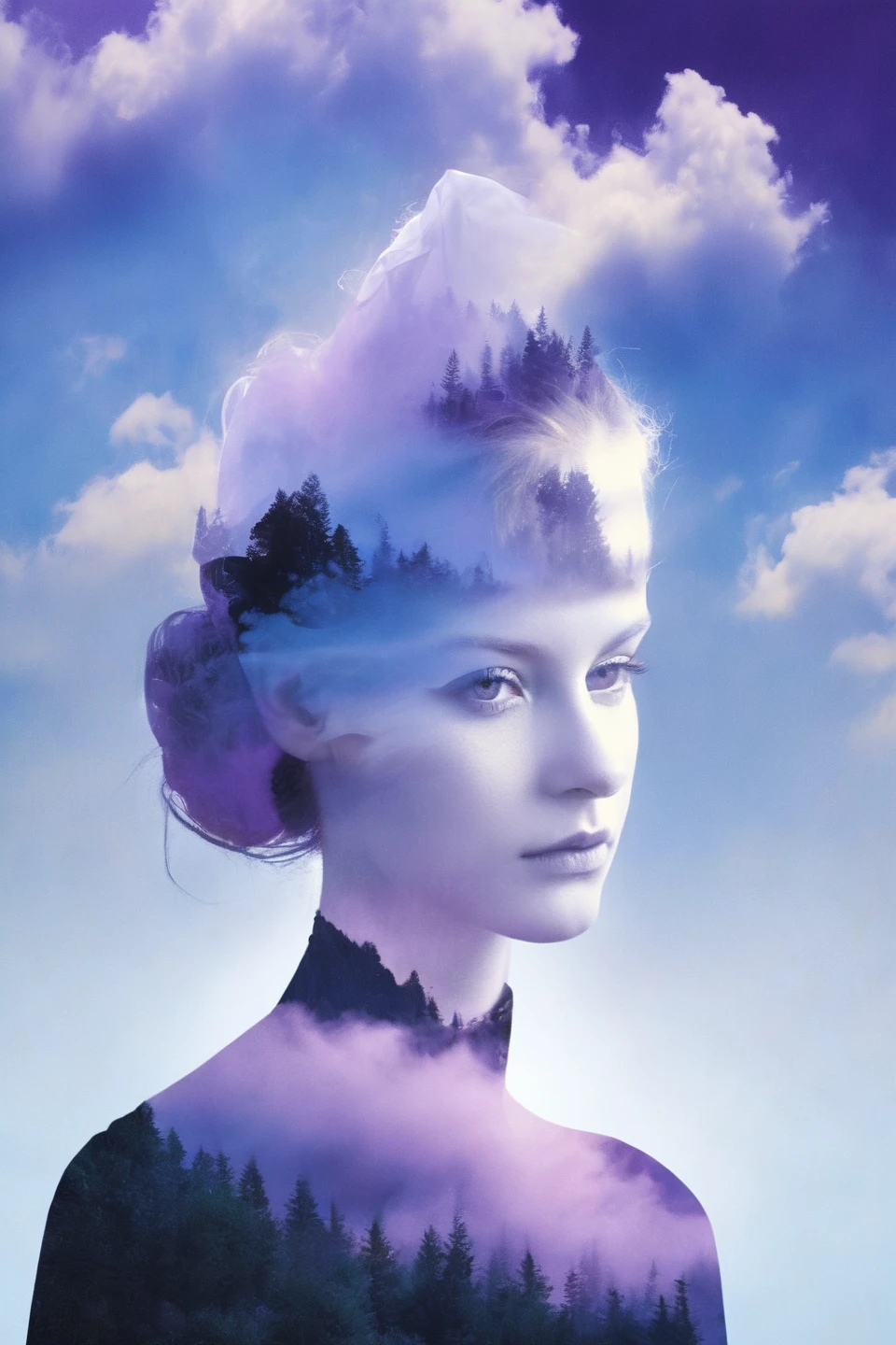 niji style, (lip, looking at viewer:1.4), black eyes, 
Double Exposure Style, Volumetric Lighting, leaning forward,light depth, dramatic atmospheric lighting, Volumetric Lighting, double image ghost effect, image combination, double exposure style
(realistic, photorealistic),
(blue and purple:1.2), gradient, vivid color
siweishendu, silhouette, 1girl, dusk, nature, cloudy sky,siweishendu
A dress made up of colorful water, with water dotted around the girl's side. The water around the girl in ribbons, 