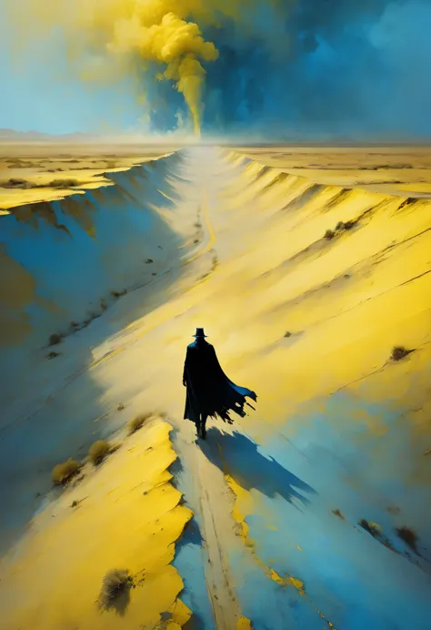 Pixelart por Jeremy Mann, Man in black cape in the yellow desert walking alone encountering a blue and yellow sandstorm, mostly ...