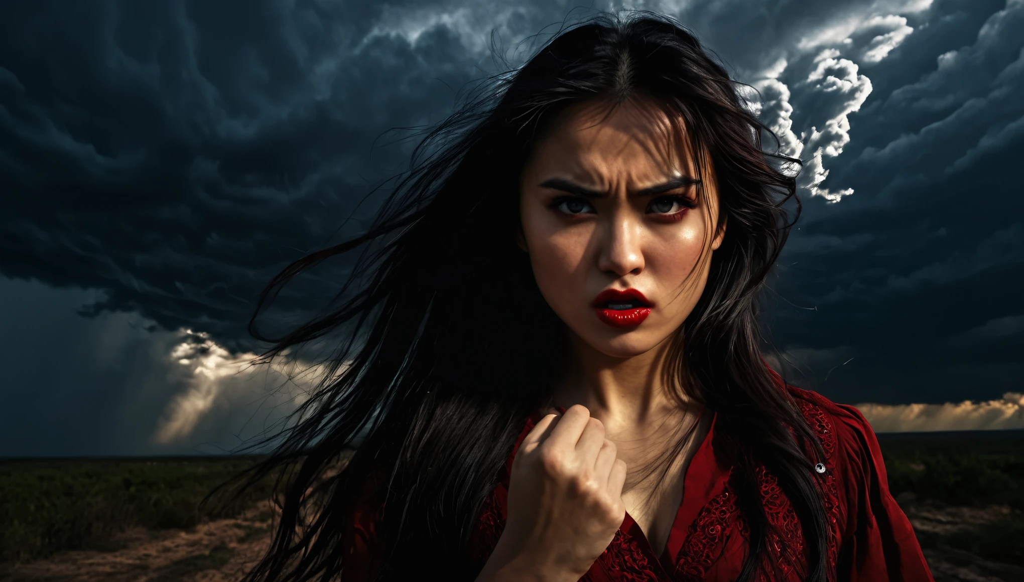 heart of hatred, anger, 1 woman, beautiful detailed eyes, beautiful detailed lips, extremely detailed face and features, long dark hair, fierce expression, clenched fist, dark clouds, dramatic lighting, cinematic, dark fantasy, dramatic shadows, moody, deep red and black color palette, dramatic highlights, chiaroscuro, intricate details, photorealistic, 8k, hyper detailed, masterpiece