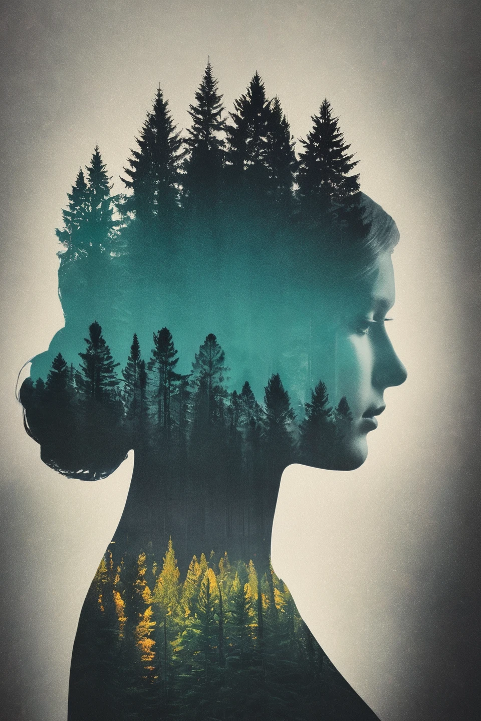 double_exposure vibrant colorful forest superimposed onto the shape of a woman with a black backdrop"canvas_in_shape_of_woman forest_woman_silhouette | black plain backdrop | multiple-exposure photography by Christoffer_Relander Dan_Mountford | double_exposed_silhouette blocked_out_silhouette