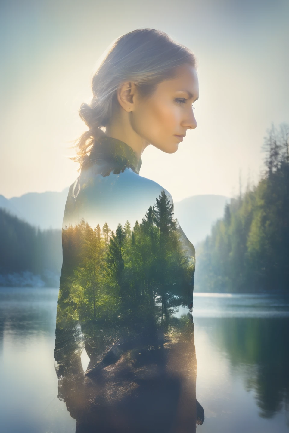 Woman, in the style of Martin Dietrich, double exposure photography, Nikon 14-24mm f/2.8G ED, nature photogrphy, sof light 