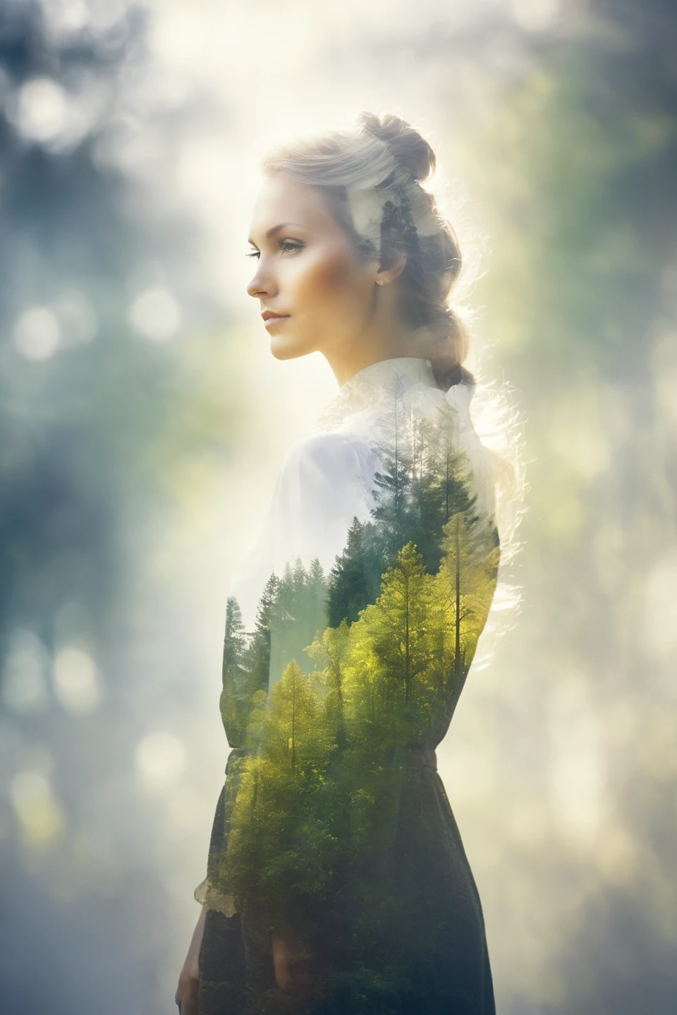 Woman, in the style of Martin Dietrich, double exposure photography, Nikon 14-24mm f/2.8G ED, nature photogrphy, sof light 