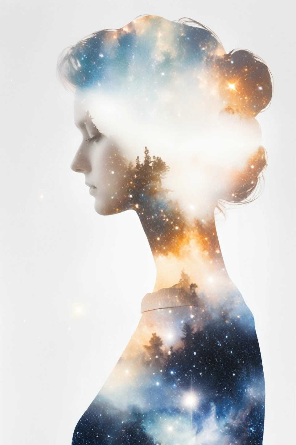 Photograph using double exposure technique featuring a woman’s silhouette, fused with scenes from outer space, clean sharp focus, on a white background, an artistic project signifying the grandeur of the universe, double exposure photography --ar 3:2 --style raw