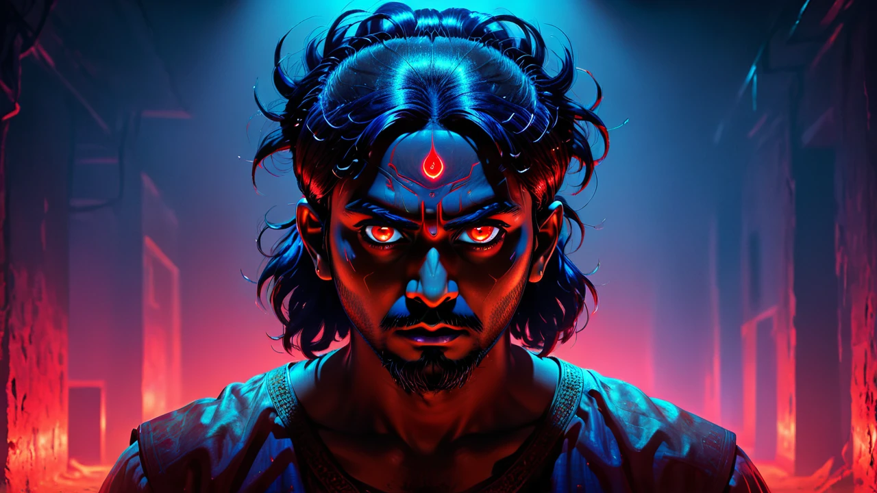 uma ilustração digital de um homem indiano com couro cabeludo, olhos brilhantes, Iluminação vermelha e azul, horror ambience, filme de ação,