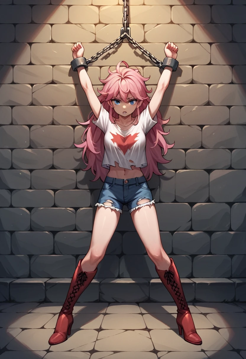 score_9, score_8_up, score_7_up, score_6_up, score_5_up, score_4_up, source_anime, 1girl, worth, pink hair, long hair, blue eyes, w-w-chain, iron shackles, spread arms, messy hair, torn shirt, shorts, red thigh boots, heels, night, wall, dungeon, best quality, best res, 4K UHD,
 