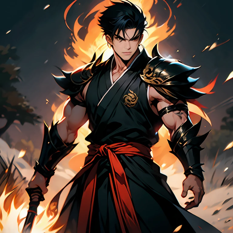 1 anime looking male,anime, 18 year old male, black hair, jet black hair, spiky hair, short standing hair, standing up hair, pretty face, good looking male, raised in the forest, hunter, axe man, anger, broken, Strong willed, protective, naive, martial arts, fighter, robes, white, brown, boots, setting is a forest on an island, fighting, fire user, fire element, holding axe of fire, axe made out of fire, muscles showing, clothes are black and brown and white in color, arms showing, defined muscles, smaller build, toned muscles,  frame, not intimidating, smaller muscle size, very light armor, more clothes than armor, no armor on arms, bare arms, skinny, thin, toned body, very handsome, charming, no armor, skinny, small muscles, not the hero, sleeveless, Kungfu, Brown robes, white robes, black robes, Fire user, conjure weapons from fire, weapons made out of fire, weapon martial arts, Brown clothes, brown robes, white robes, earthly colors, earthly tones of clothes,good looking face, holding a weopon made out of fire, holding a firey weapon, weapon in hand made entirely of flames, flame weapon, martial arts robes, fighting monk gi, sharp hair, standing up hair, spiky hair style, no hair in his face, hair is spiked upwards away from eyes, no hair falling towards face