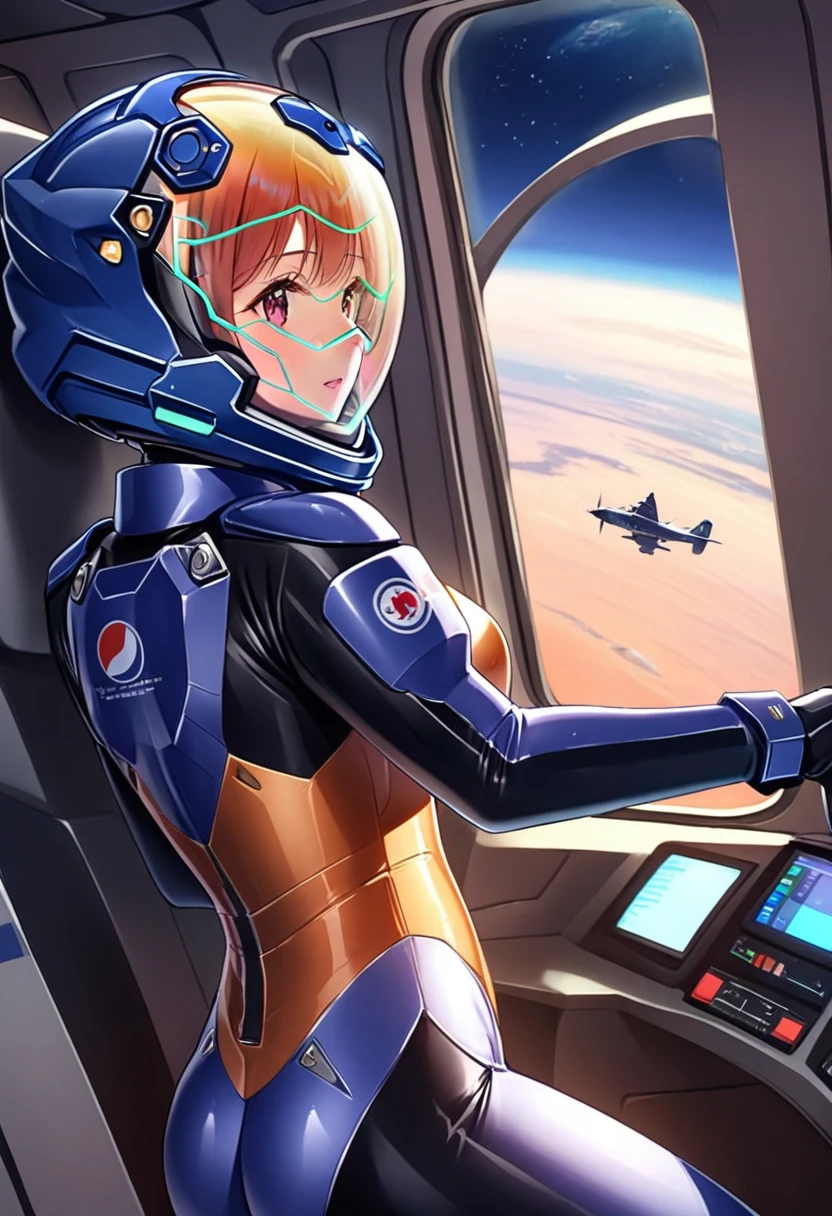 ((Female pilot in the cockpit of a reconnaissance plane), (airplane cockpit), (in flight), (10000 feet altitude)、(sky view):1.7),, short hair, street, emo, BLACK hair, white eyes, eyeliner, apocalypse, 2girl, nside the (cockpit:1.9) of a (futuristic spaceship:1.6), , blush covered navel, space helmet, muvluv, space helm, plug suit , space helmet, eva helm, space suit, short hair,  blue bodysuit, visor helmet, from behind, 2girl