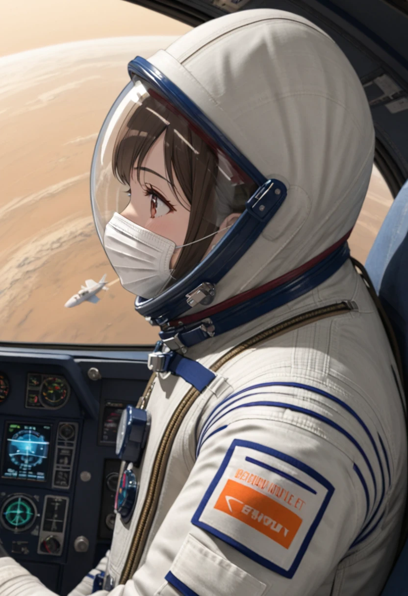 ((Female pilot in the cockpit of a reconnaissance plane), (airplane cockpit), (in flight), (10000 feet altitude)、(sky view):1.7),, short hair, street, emo, BLACK hair, white eyes, eyeliner, apocalypse, girl, nside the (cockpit:1.9) of a (futuristic spaceship:1.6), , blush,sitting on a chair, covered navel, space helmet, space helm, plug suit , space helmet, eva helm, space suit, short hair, spacesuit, astronaut
from side, (mask:1.7)