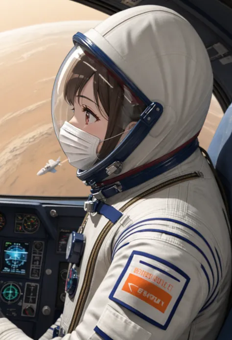 ((female pilot in the cockpit of a reconnaissance plane), (airplane cockpit), (in flight), (10000 feet altitude)、(sky view):1.7)...