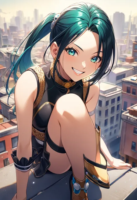 1girl, art by eiichirio oda, nico robin, standing on a tall building's rooftop, sitting on the parapet wall, smiling, looking at...