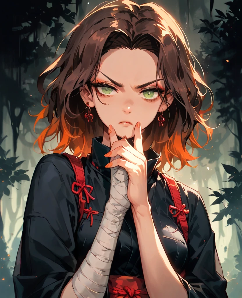 1girl, dark brown hair, 4 orange locks, medium hair, green eyes, Malé demon slayer uniform, white stockings, white haori, medium breasts, Bandage on arms, very serious expression, no shine in eyes, holds katana with two hands, fog, dark forest, tired pose