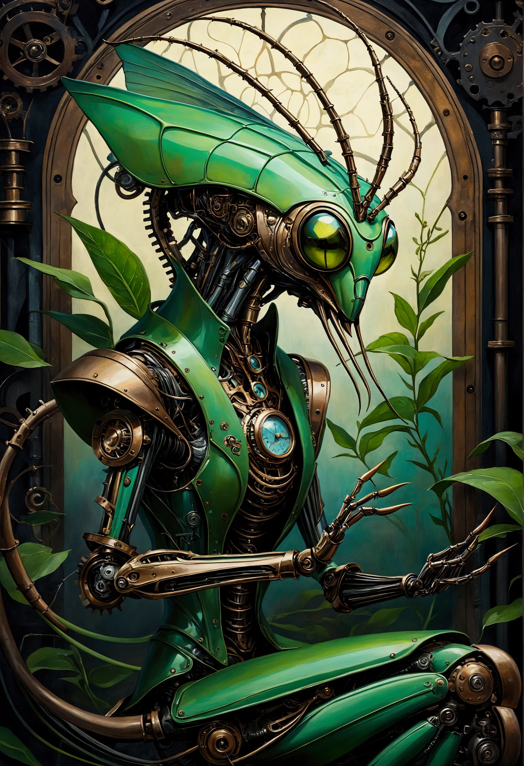 mechanical creature, praying mantis, steampunk, oil painting