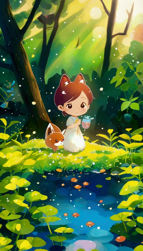 an adorable chibi baby fox with extra large watery eyes sit by a tree.