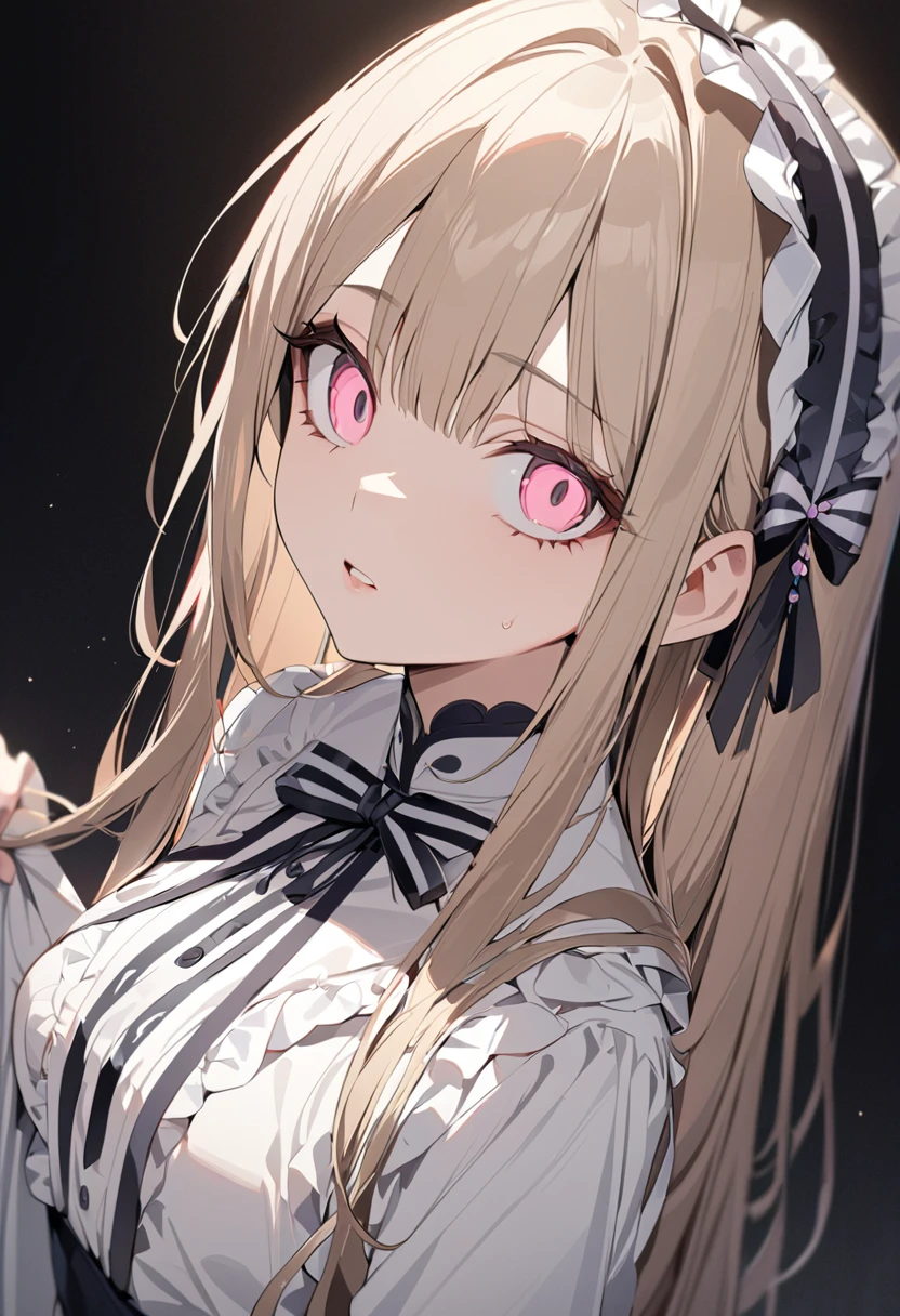 One girl, masterpiece, best quality, beautiful girl, big eyes, baby pink eyes, light brown hair, straight hair, Chinese Lolita, long sleeves, black background, anime