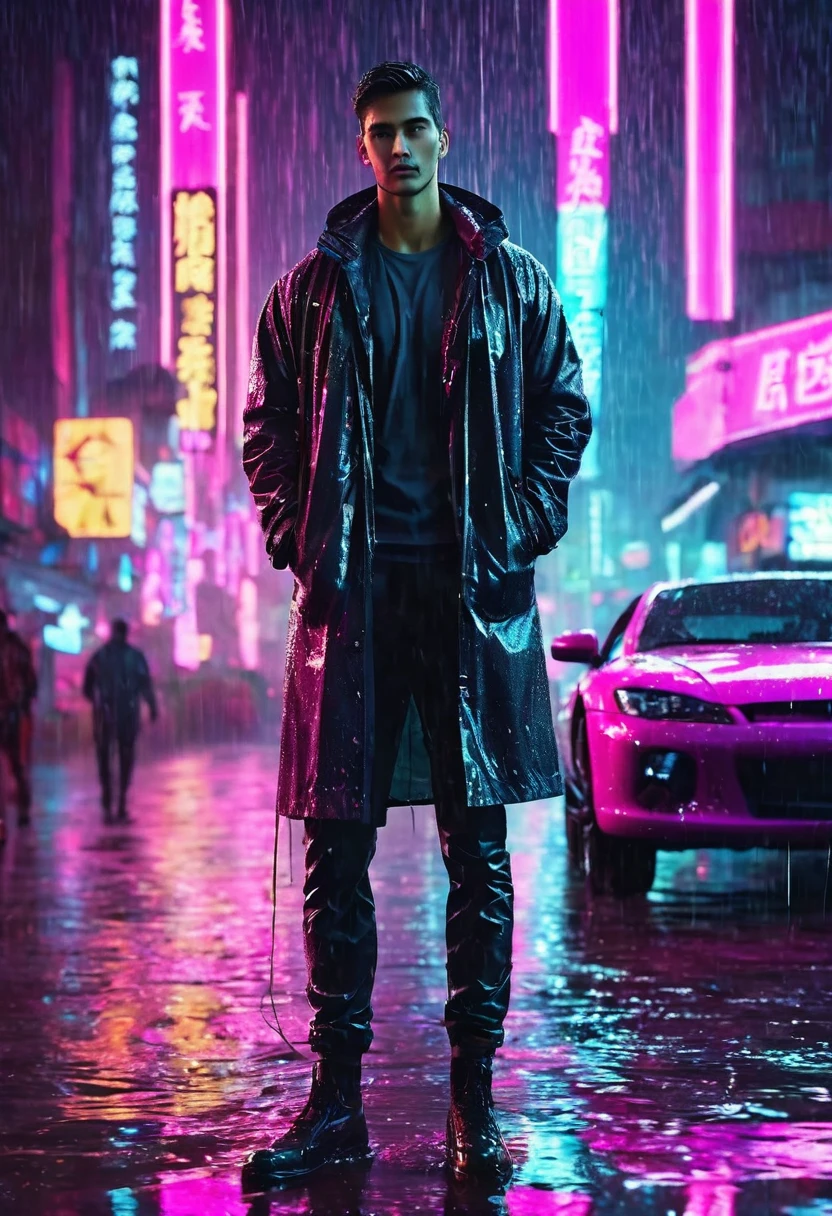 (Masterpiece, Best Quality, high resolution, fondo de pantalla de unidad 32k, Extremely detailed CG:1), (weak illustration on stage:1.0), ((1 young handsome man:1.55 by cyberpunk:1.5 )),(( cyberpunk night city:1.4)), neon signs futuristic cars,dark place rain, ((wet clothes magenta neon lights illuminating the young man perfectly:1.45) . 32k