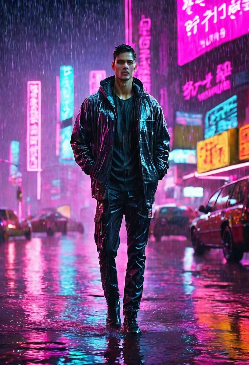 (Masterpiece, Best Quality, high resolution, fondo de pantalla de unidad 32k, Extremely detailed CG:1), (weak illustration on stage:1.0), ((1 young handsome man:1.55 by cyberpunk:1.5 )),(( cyberpunk night city:1.4)), neon signs futuristic cars,dark place rain, ((wet clothes magenta neon lights illuminating the young man perfectly:1.45) . 32k