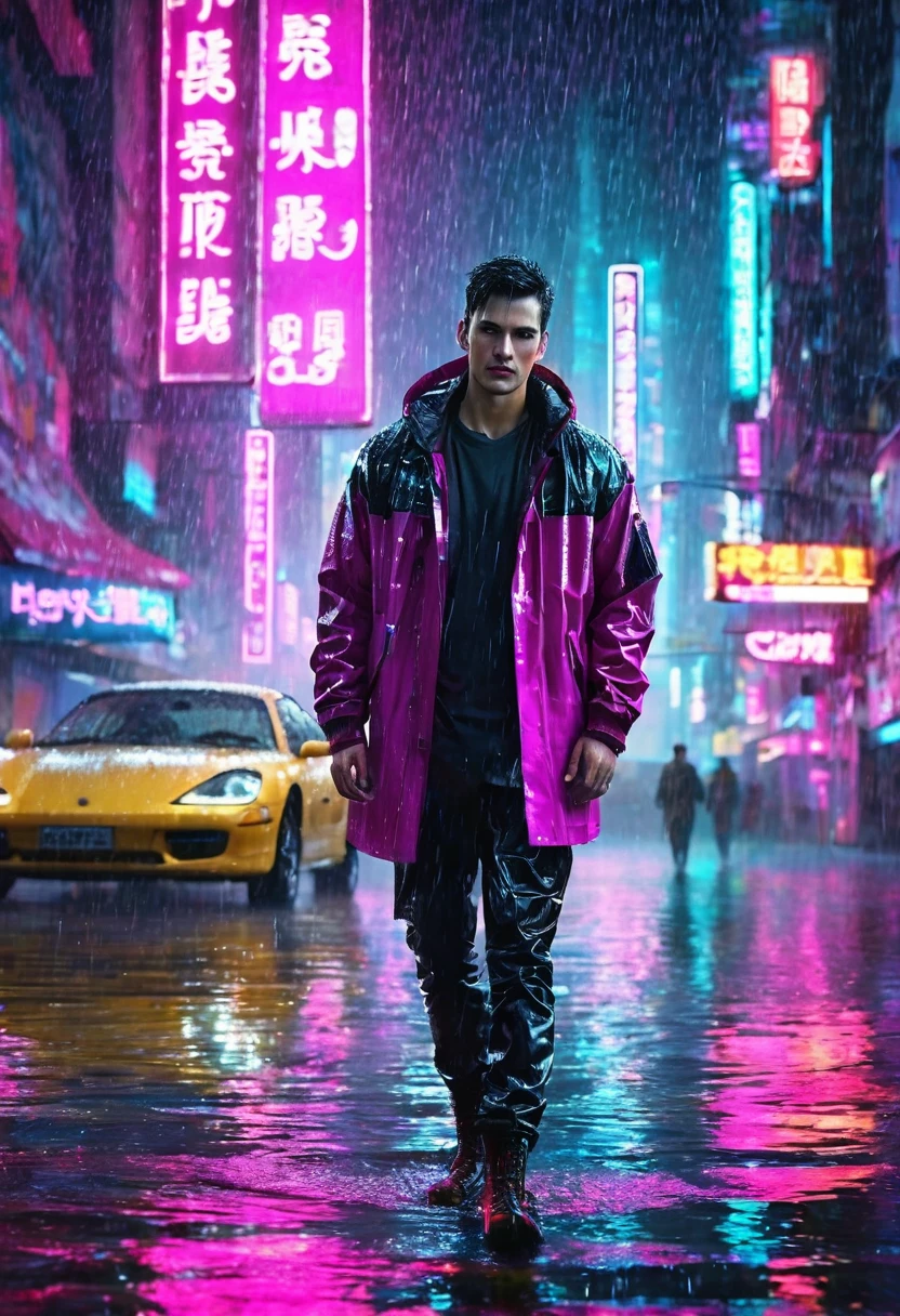 (Masterpiece, Best Quality, high resolution, fondo de pantalla de unidad 32k, Extremely detailed CG:1), (weak illustration on stage:1.0), ((1 young handsome man:1.55 by cyberpunk:1.5 )),(( cyberpunk night city:1.4)), neon signs futuristic cars,dark place rain, ((wet clothes magenta neon lights illuminating the young man perfectly:1.45) . 32k