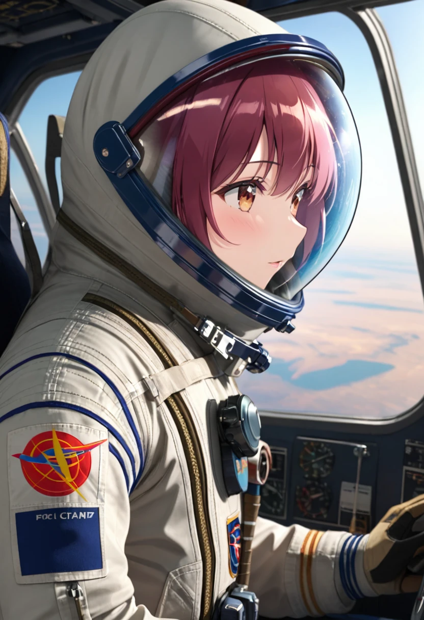 ((Female pilot in the cockpit of a reconnaissance plane), (airplane cockpit), (in flight), (10000 feet altitude)、(sky view):1.7),, short hair, street, emo, BLACK hair, white eyes, eyeliner, apocalypse, girl, nside the (cockpit:1.9) of a (futuristic spaceship:1.6), , blush,sitting on a chair, covered navel, space helmet, space helm, plug suit , space helmet, eva helm, space suit, short hair, spacesuit, astronaut
from side, 