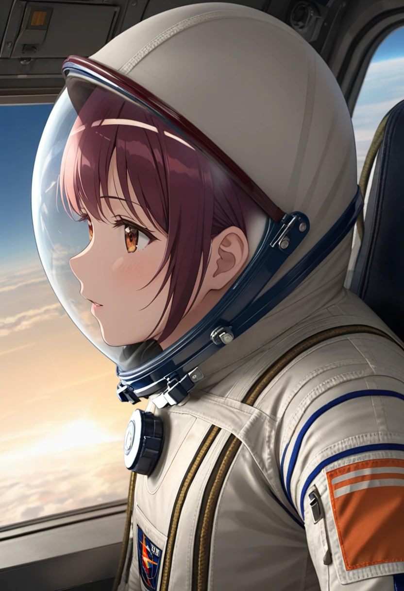 ((Female pilot in the cockpit of a reconnaissance plane), (airplane cockpit), (in flight), (10000 feet altitude)、(sky view):1.7),, short hair, street, emo, BLACK hair, white eyes, eyeliner, apocalypse, girl, nside the (cockpit:1.9) of a (futuristic spaceship:1.6), , blush,sitting on a chair, covered navel, space helmet, space helm, plug suit , space helmet, eva helm, space suit, short hair, spacesuit, astronaut
from side, 