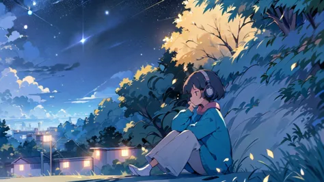 imagine a serene night scene, perfect for your lo-fi video. a person sits on a grassy hill, back turned to the viewer, gazing up...