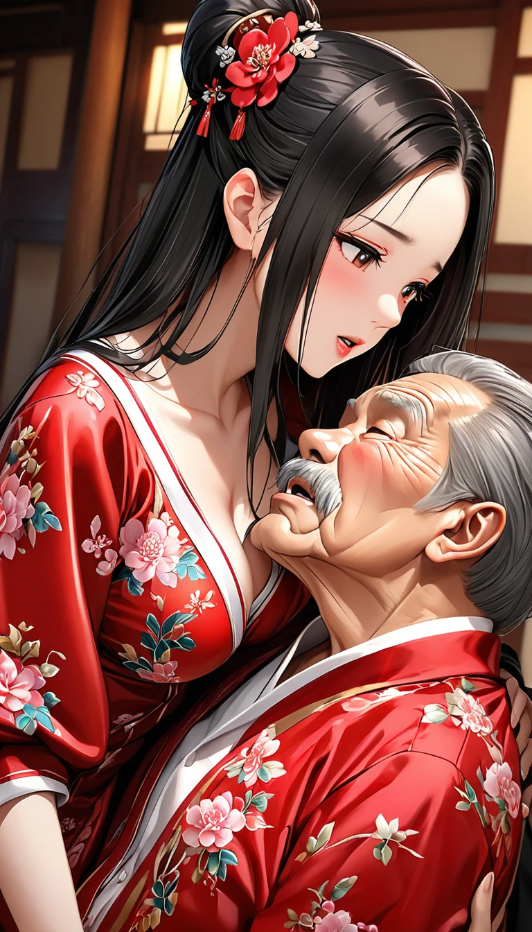 Beautiful 15 year old Chinese Kung Fu girl princess with long black hair　Gorgeous embroidery, Ultra glossy, She is wearing shiny red long sleeve floral pajamas....　She is forced to embrace an old man in front of her lover.　Intense foreplay　Fluid spurting from nipples　Old man licks her breasts