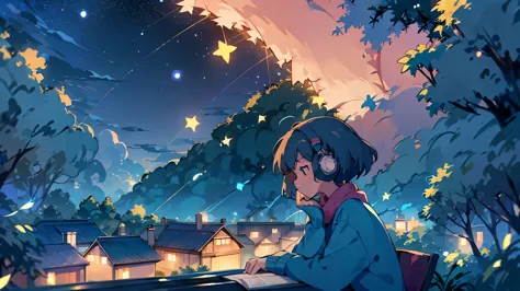 imagine a serene night scene, perfect for your lo-fi video. a person sits on a grassy hill, back turned to the viewer, gazing up...