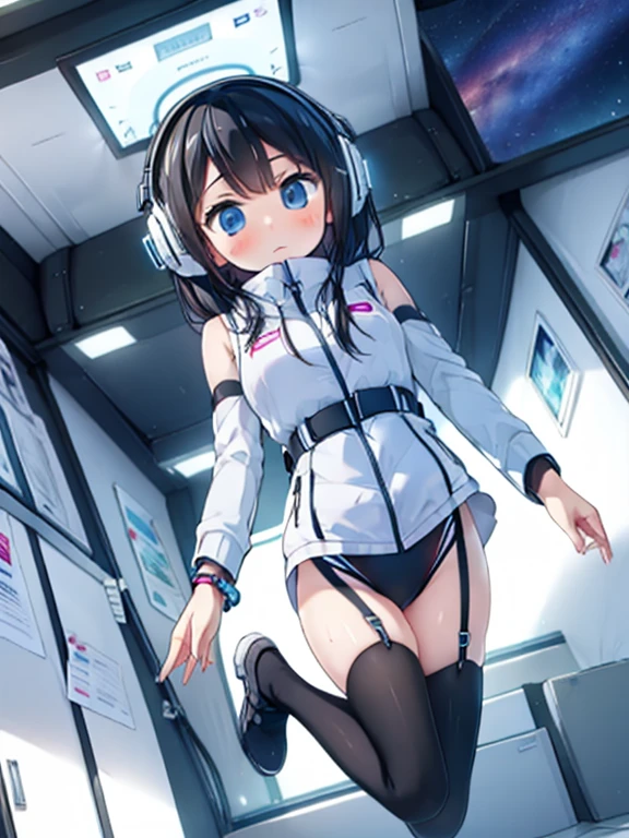 (Highest quality), (masterpiece), 1080P, High resolution, 4K, 8k, Inside the space station、Futuristic room、jumping:1.5,zero gravity,floating,Thigh straps, Shooting from directly below, The woman on top of me, 白いSweat, Covered , Sweat, Woman looking down, Skirt swimsuit, I can see your pants。BREAK black long sleeves,black tights,BREAK thigh-high socks, futuristic boots,headphone,To achieve this, 16 years old, , whole body, Black leather shoes, Braided hair, Inner Color, Embarrassed face, Short black hair, bracelet, Bedroom,white downVest,celestial body_Vest
