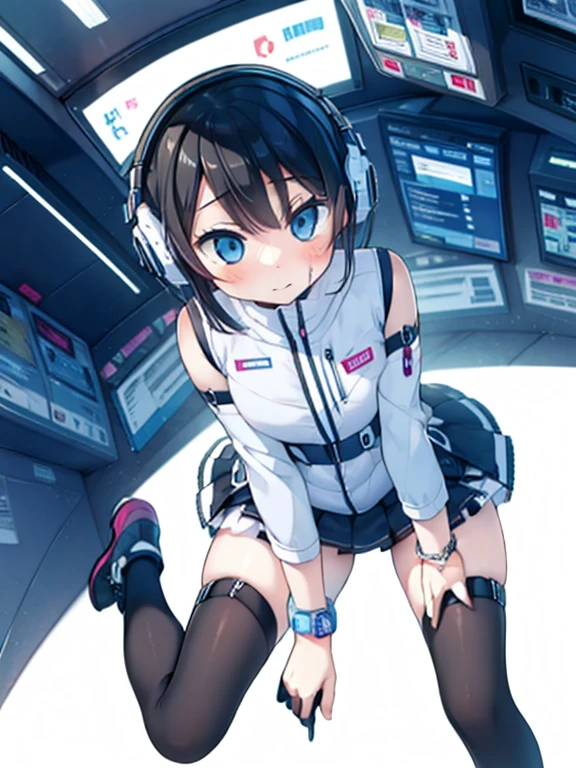 (Highest quality), (masterpiece), 1080P, High resolution, 4K, 8k, Inside the space station、Futuristic room、jumping:1.5,zero gravity,floating,Thigh straps, Shooting from directly below, The woman on top of me, 白いSweat, Covered , Sweat, Woman looking down, Skirt swimsuit, I can see your pants。BREAK black long sleeves,black tights,BREAK thigh-high socks, futuristic boots,headphone,To achieve this, 16 years old, , whole body, Black leather shoes, Braided hair, Inner Color, Embarrassed face, Short black hair, bracelet, Bedroom,white downVest,celestial body_Vest
