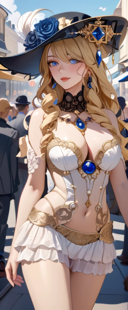 A beautiful 28-year-old woman, Navia, wearing sexy lingerie, stands in a crowded French city, hyper detailed breasts and ultra detailed features rendered in the best quality, 4K masterpiece.