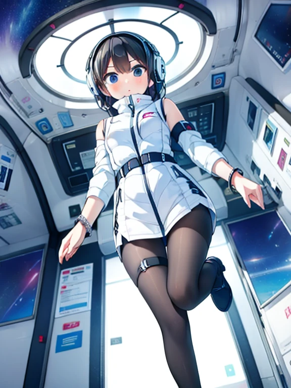 (Highest quality), (masterpiece), 1080P, High resolution, 4K, 8k, Inside the space station、Futuristic room、jumping:1.5,zero gravity,floating,Thigh straps, Shooting from directly below, The woman on top of me, 白いSweat, Covered , Sweat, Woman looking down, Skirt swimsuit, I can see your pants。BREAK black long sleeves,black tights,BREAK thigh-high socks, futuristic boots,headphone,To achieve this, 16 years old, , whole body, Black leather shoes, Braided hair, Inner Color, Embarrassed face, Short black hair, bracelet, Bedroom,white downVest,celestial body_Vest
