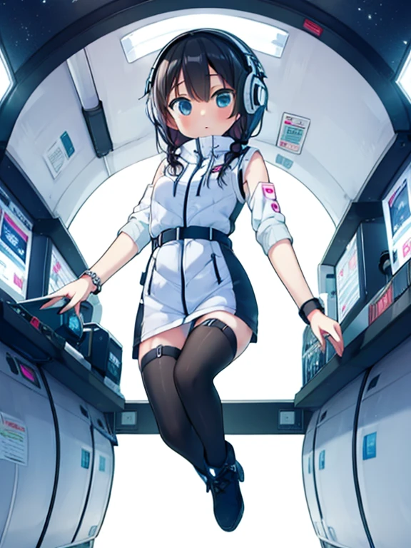 (Highest quality), (masterpiece), 1080P, High resolution, 4K, 8k, Inside the space station、Futuristic room、jumping:1.5,zero gravity,floating,Thigh straps, Shooting from directly below, The woman on top of me, 白いSweat, Covered , Sweat, Woman looking down, Skirt swimsuit, I can see your pants。BREAK black long sleeves,black tights,BREAK thigh-high socks, futuristic boots,headphone,To achieve this, 16 years old, , whole body, Black leather shoes, Braided hair, Inner Color, Embarrassed face, Short black hair, bracelet, Bedroom,white downVest,celestial body_Vest
