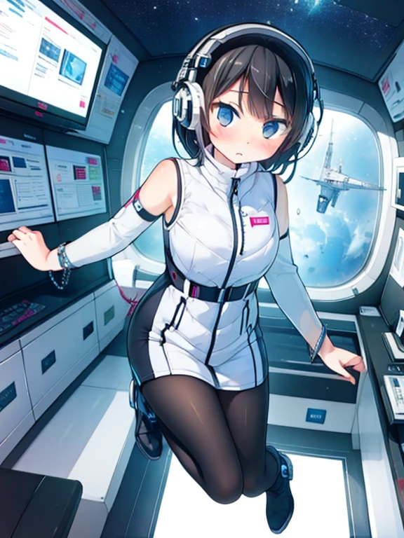 (Highest quality), (masterpiece), 1080P, High resolution, 4K, 8k, Inside the space station、Futuristic room、jumping:1.5,zero gravity,floating,Thigh straps, Shooting from directly below, The woman on top of me, 白いSweat, Covered , Sweat, Woman looking down, Skirt swimsuit, I can see your pants。BREAK black long sleeves,black tights,BREAK thigh-high socks, futuristic boots,headphone,To achieve this, 16 years old, , whole body, Black leather shoes, Braided hair, Inner Color, Embarrassed face, Short black hair, bracelet, Bedroom,white downVest,celestial body_Vest
