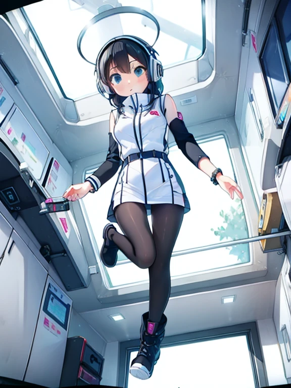 (Highest quality), (masterpiece), 1080P, High resolution, 4K, 8k, Inside the space station、Futuristic room、jumping:1.5,zero gravity,floating,Thigh straps, Shooting from directly below, The woman on top of me, 白いSweat, Covered , Sweat, Woman looking down, Skirt swimsuit, I can see your pants。BREAK black long sleeves,black tights,BREAK thigh-high socks, futuristic boots,headphone,To achieve this, 16 years old, , whole body, Black leather shoes, Braided hair, Inner Color, Embarrassed face, Short black hair, bracelet, Bedroom,white downVest,celestial body_Vest
