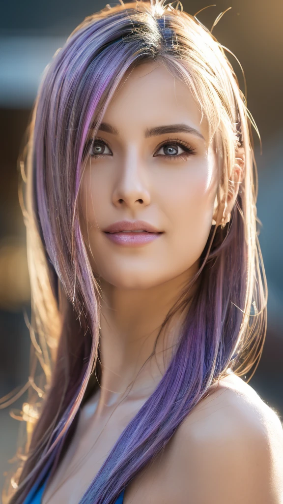 a detailed realistic portrait of a woman, white skin, long purple hair, beautiful detailed eyes, beautiful detailed lips, extremely detailed face, highly detailed skin texture, hyper realistic, realistic lighting, photorealistic, cinematic lighting, 8k, best quality, masterpiece, award winning, sharp focus, ultra-detailed, high-resolution, physically-based rendering, vivid colors, natural skin tones